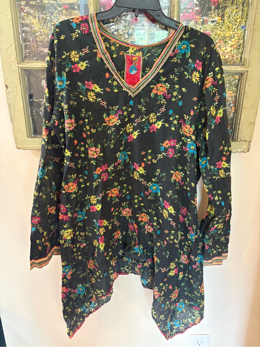 Johnny Was Asymmetrical Floral Black Tunic Top